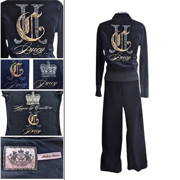 Vtg Y2K JUICY COUTURE 3pc Black Mixed Metal Velour Matching Tracksuit Set Sz S/L - Picture 1 of 11